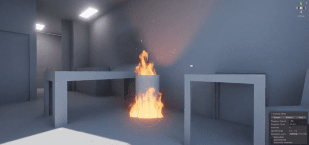 Screenshot from a prototype to showcase a fire in a hospital in VR